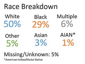 Race 50% white 29% black 6% multiple 5% other