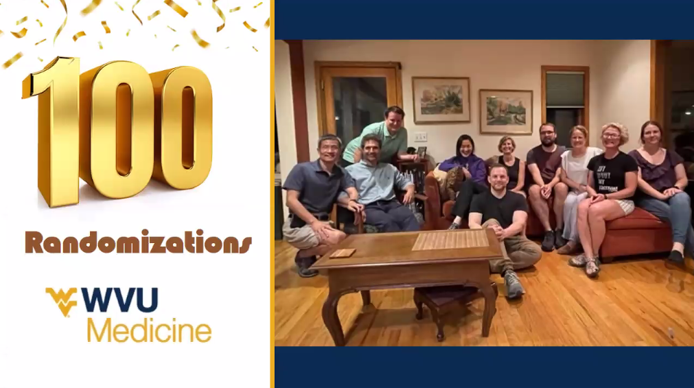 WVU team with a side panel that reads 100 randomizations, WVU Medicine