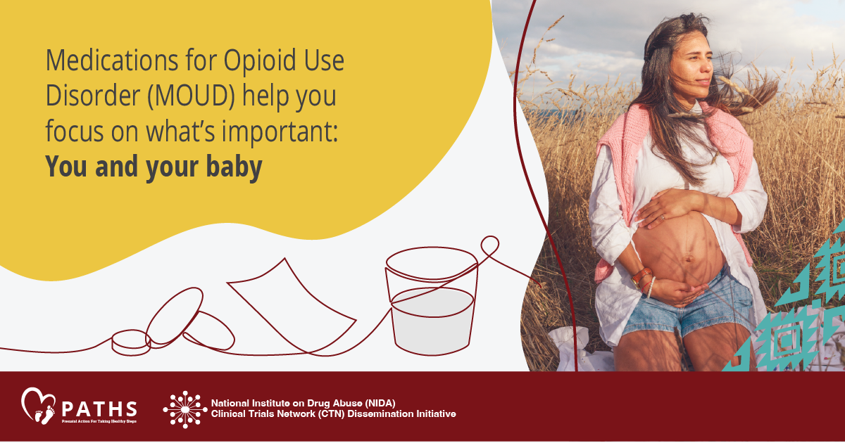 Images 2 features a pregnant indigenous woman kneeling on a blanket in the middle of a field of tall hay. Her shirt is unbuttoned to expose her belly, which she is holding as she looks to one side and the wind blows through her hair. Text reads, "Medications for opioid use disorder (MOUD) help you focus on what's important: You and your baby."