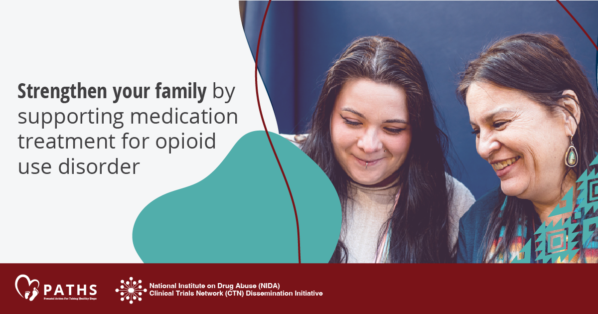 Image 3 features two indigenous women, one younger and one older. Only their heads and upper torsos are visible. They are standing close to each other looking down at something and smiling warmly. Text reads "Strengthen your family by supporting medication treatment for opioid use disorder."