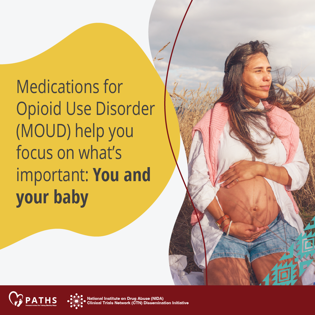 Images 2 features a pregnant indigenous woman kneeling on a blanket in the middle of a field of tall hay. Her shirt is unbuttoned to expose her belly, which she is holding as she looks to one side and the wind blows through her hair. Text reads, "Medications for opioid use disorder (MOUD) help you focus on what's important: You and your baby."