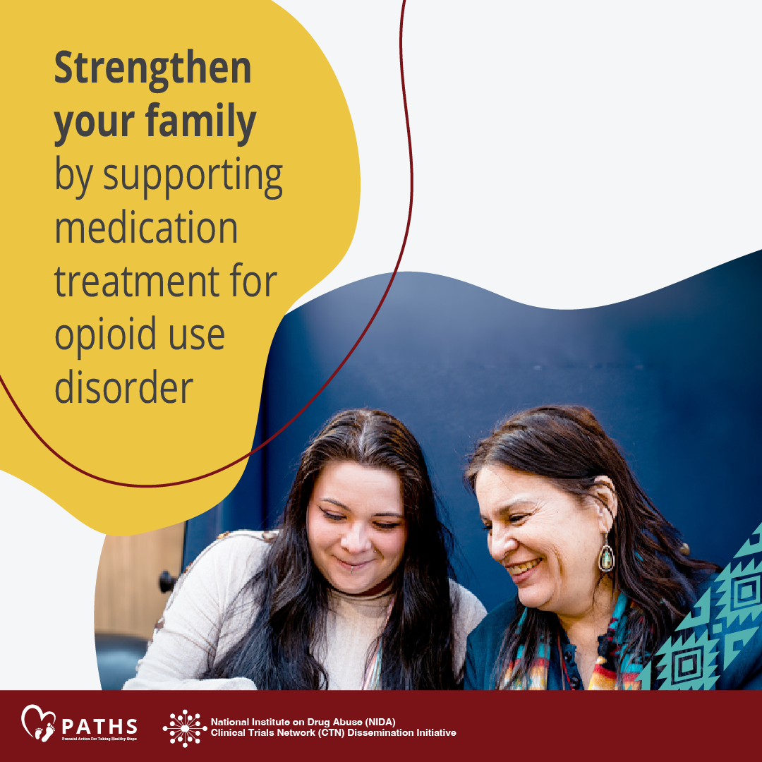 Image 3 features two indigenous women, one younger and one older. Only their heads and upper torsos are visible. They are standing close to each other looking down at something and smiling warmly. Text reads "Strengthen your family by supporting medication treatment for opioid use disorder."