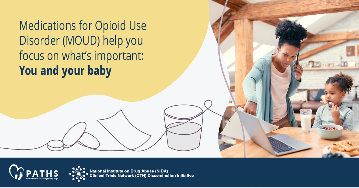 Image 1 features a mother standing next to her child who is eating at a table. The mother is pointing to a laptop screen as the child looks at it. The text reads "Medications for opioid use disorder (MOUD) help you focus on what's important: You and your baby." 