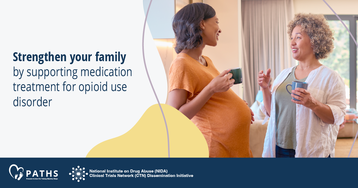 Image 3 features a a young pregnant woman talking to an older woman. They are drinking coffee and smiling. The text reads "Strengthen your family by supporting medication treatment for opioid use disorder."