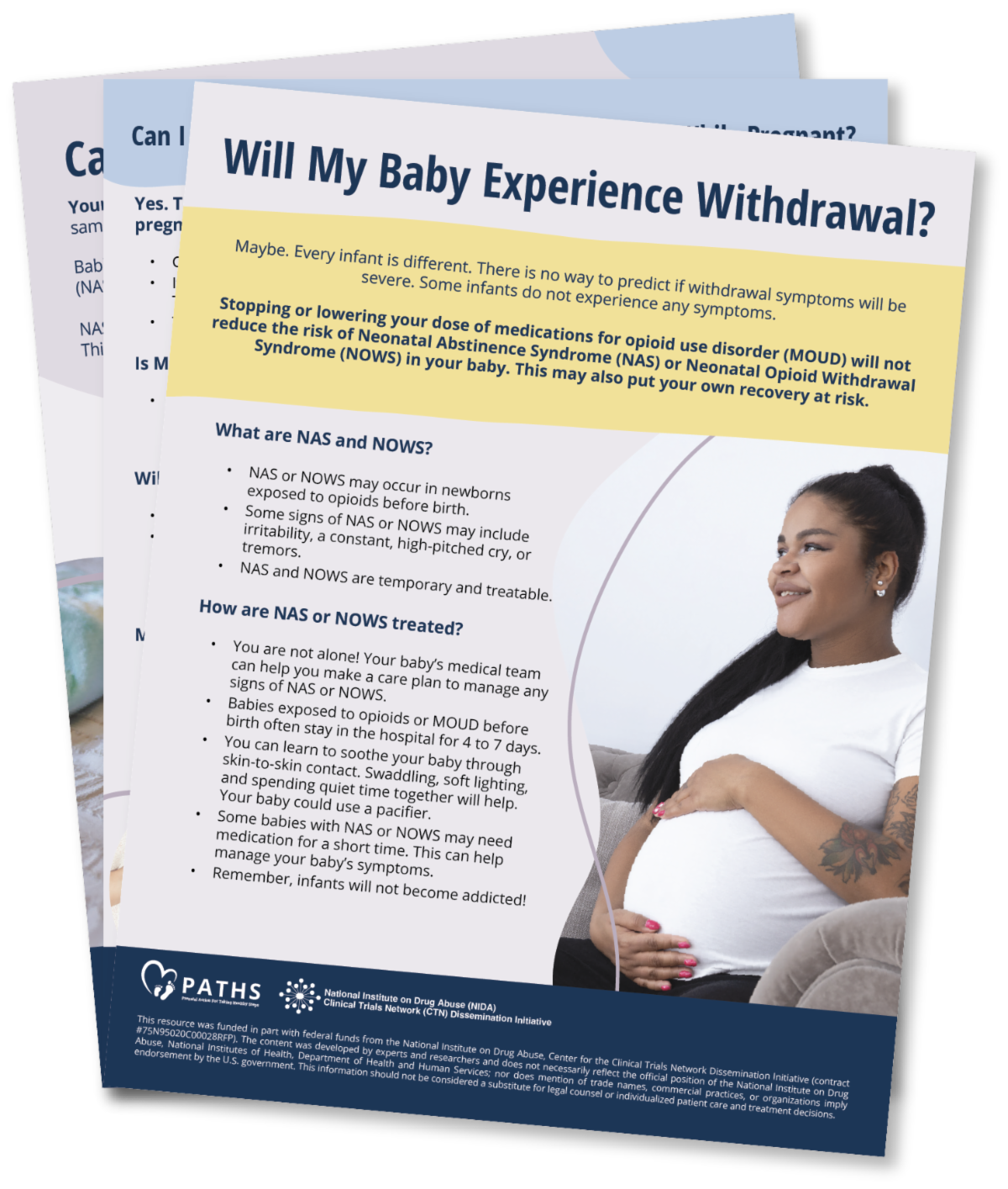 Screenshot of the 3 flyers spread in a fan, the top one features a pregnant woman and the title "Will my baby experience withdrawal?"