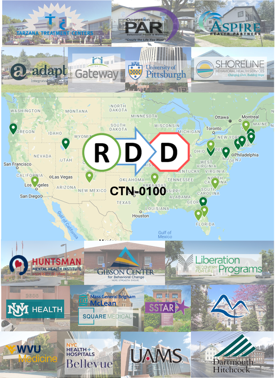RDD CTN-0100 logo superimposed on a map of the US showing participating sites